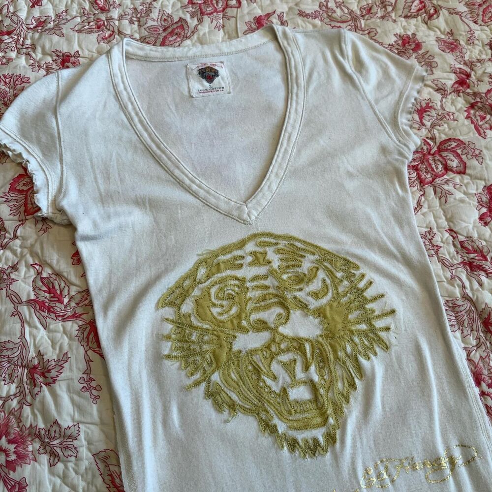 2000s Y2K Ed Hardy Gold Embroidered Tiger V neck long White and Cream cute top - Picture 2 of 6